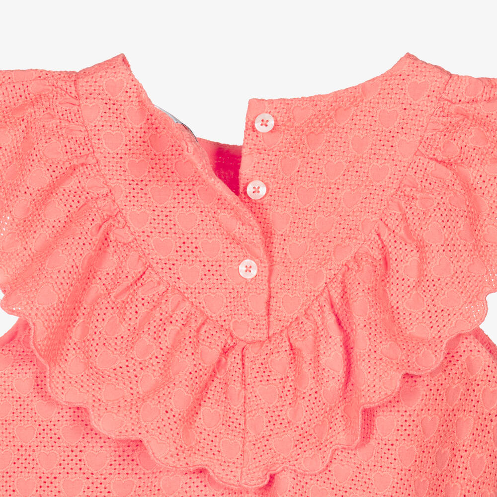 Petit Bateau-Girls Coral Pink Cross Stich & Hearts Cotton Dress | Childrensalon