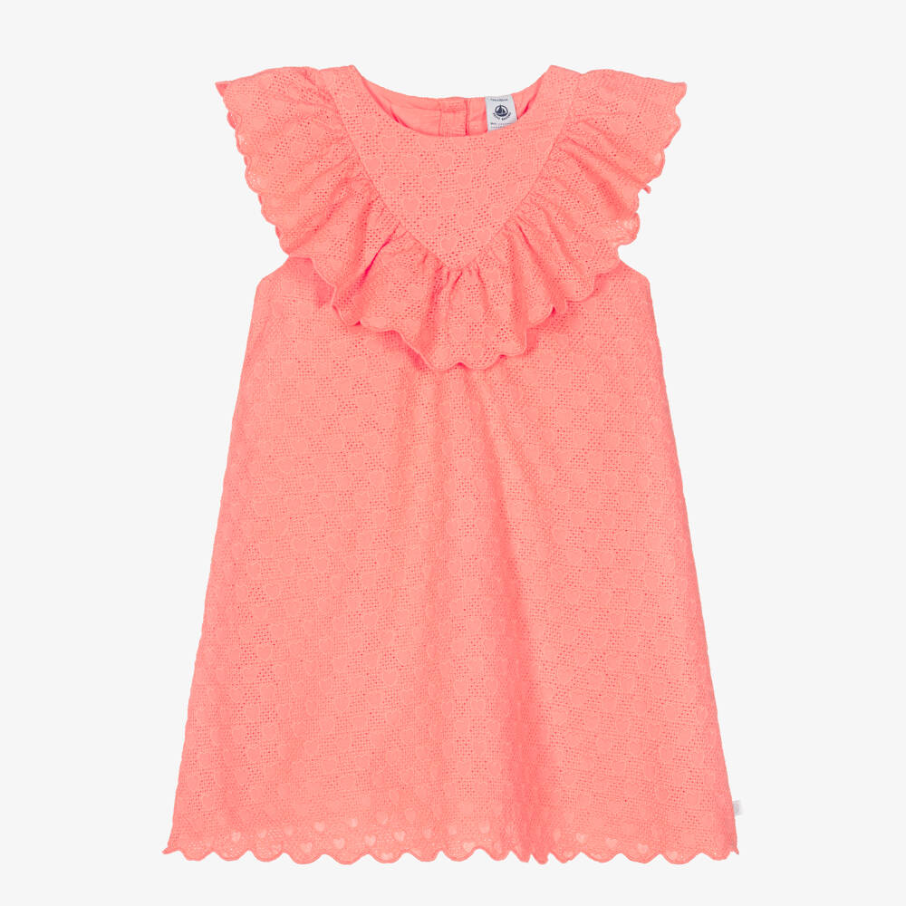 Petit Bateau-Girls Coral Pink Cross Stich & Hearts Cotton Dress | Childrensalon