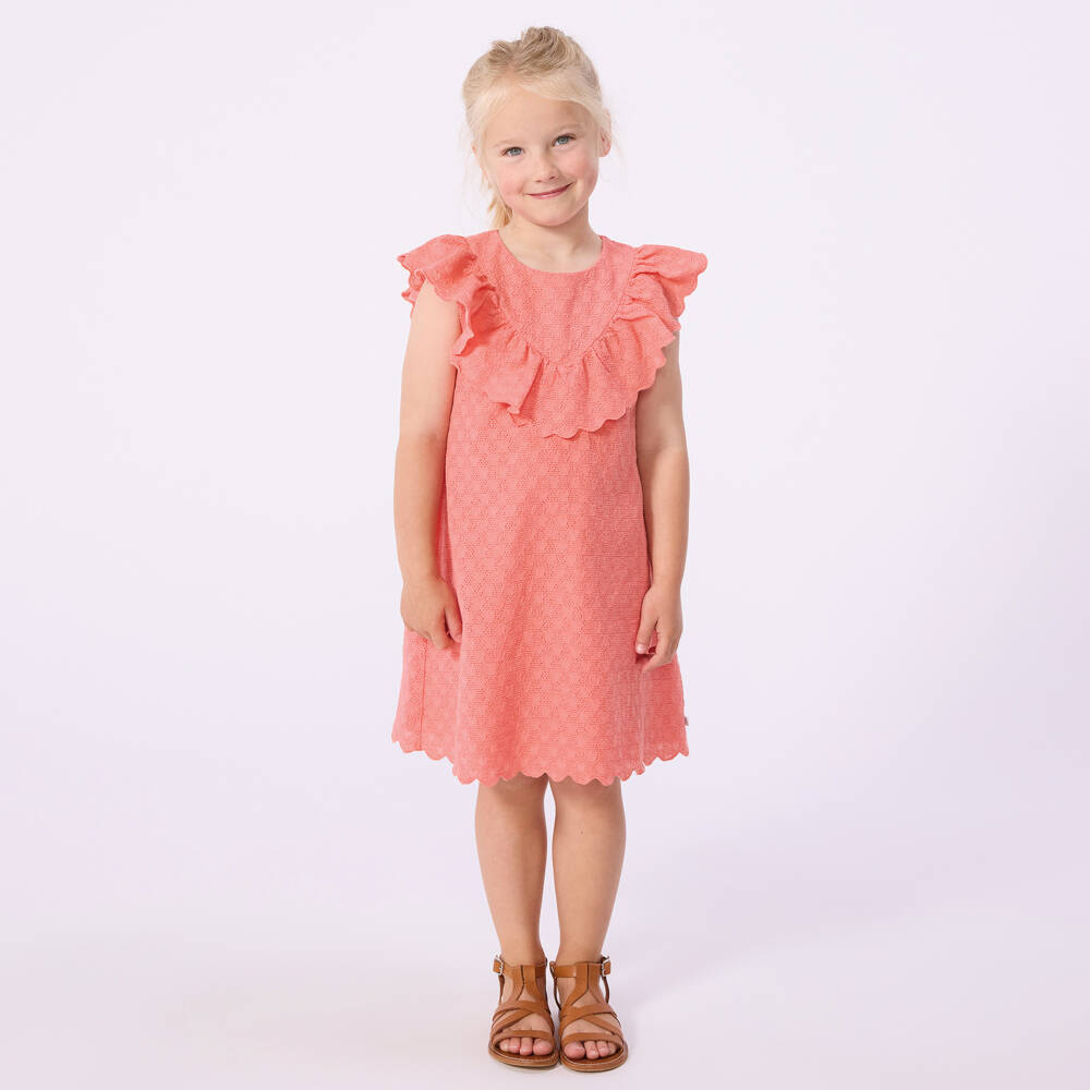 Petit Bateau-Girls Coral Pink Cross Stich & Hearts Cotton Dress | Childrensalon