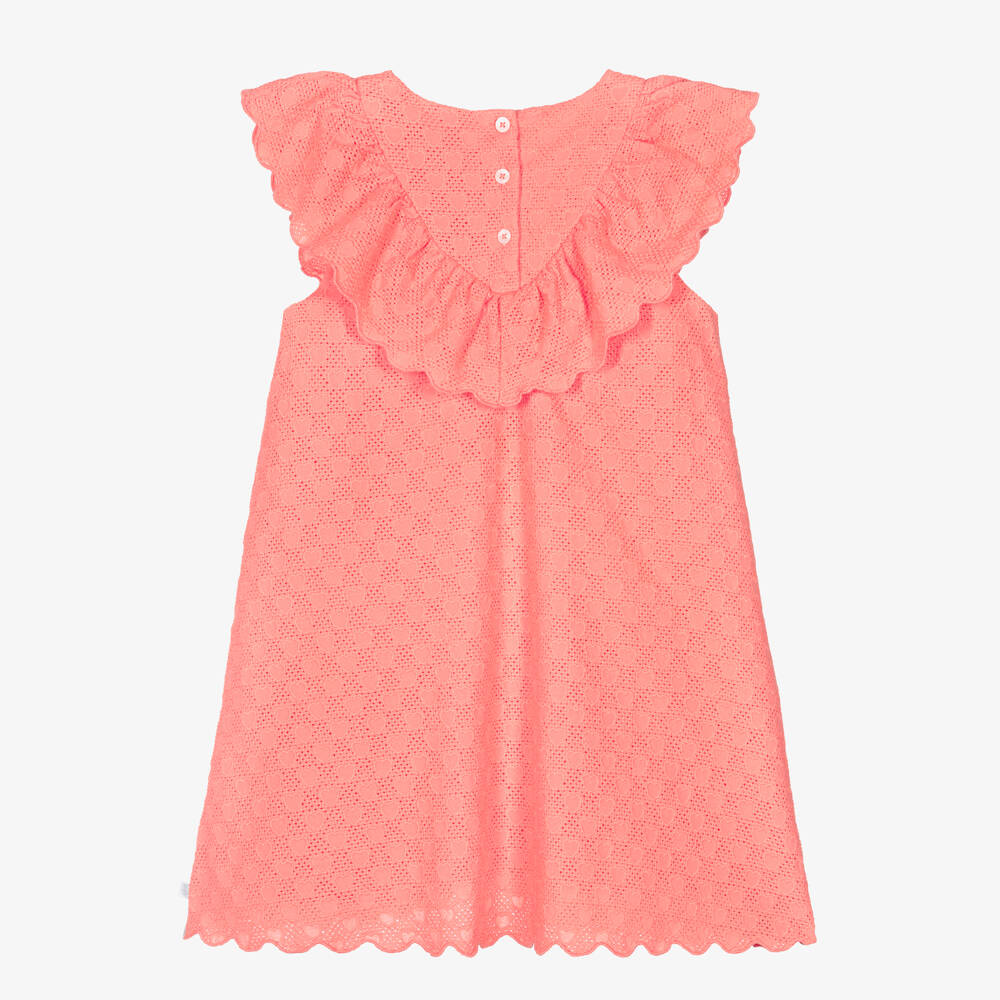Petit Bateau-Girls Coral Pink Cross Stich & Hearts Cotton Dress | Childrensalon