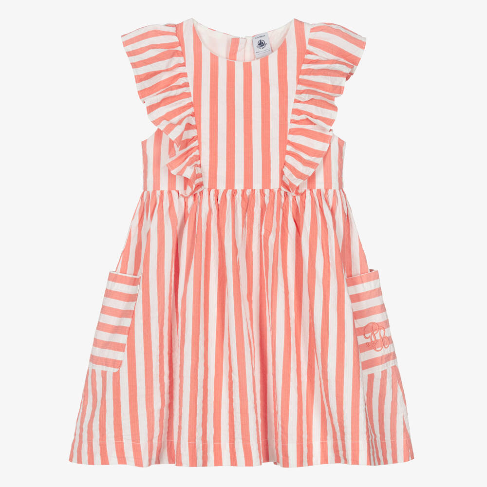 Petit Bateau-Girls Coral Pink & White Striped Cotton Dress with Ruffles | Childrensalon