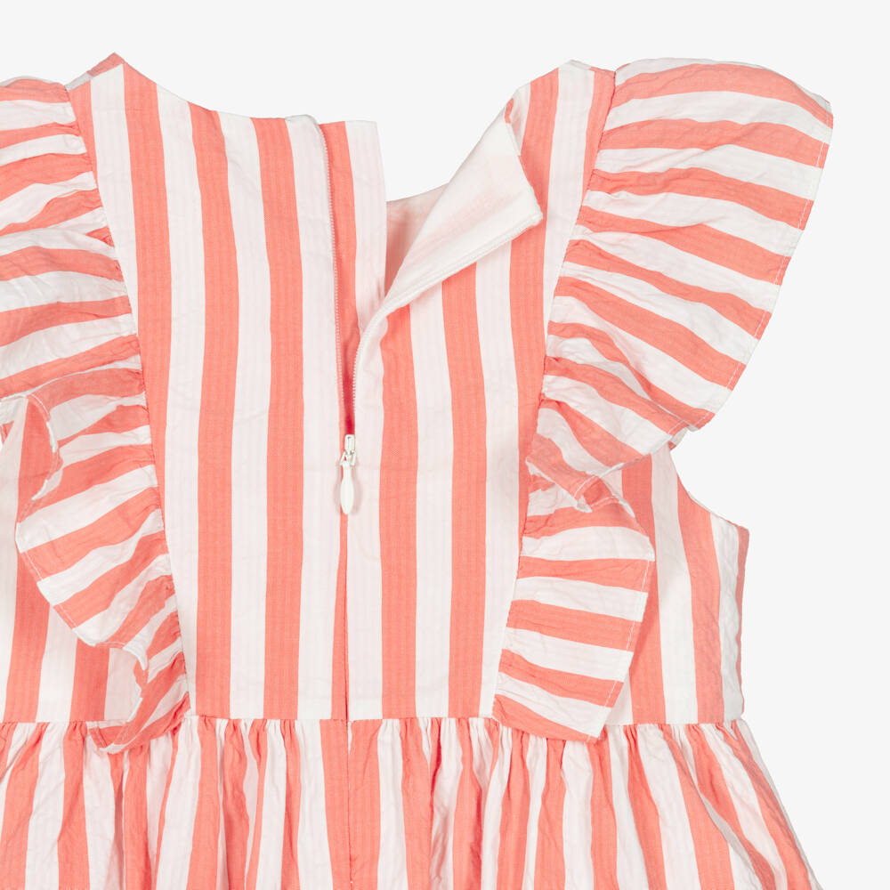 Petit Bateau-Girls Coral Pink & White Striped Cotton Dress with Ruffles | Childrensalon