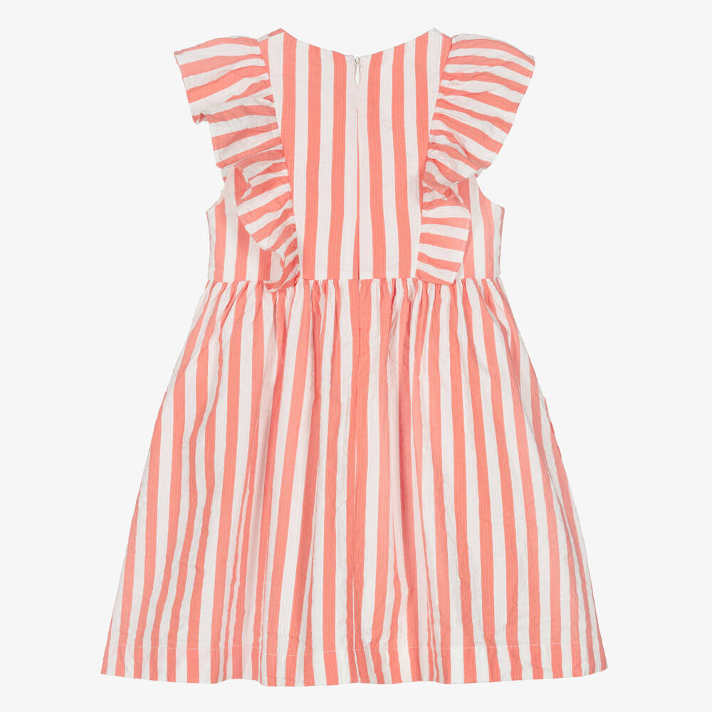 Petit Bateau-Girls Coral Pink & White Striped Cotton Dress with Ruffles | Childrensalon