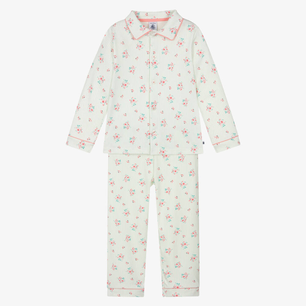 Petit Bateau-Girls Green Stripe & Floral Print Cotton Pyjamas | Childrensalon