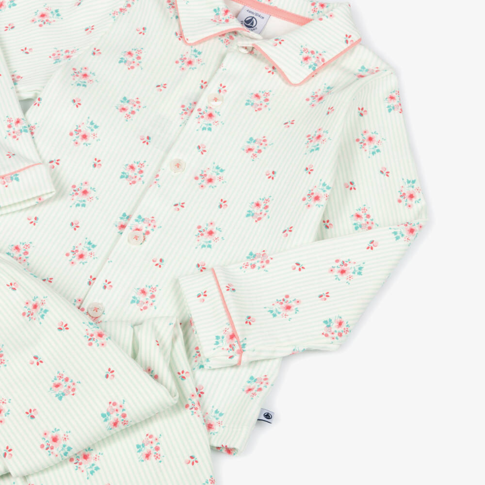 Petit Bateau-Girls Green Stripe & Floral Print Cotton Pyjamas | Childrensalon