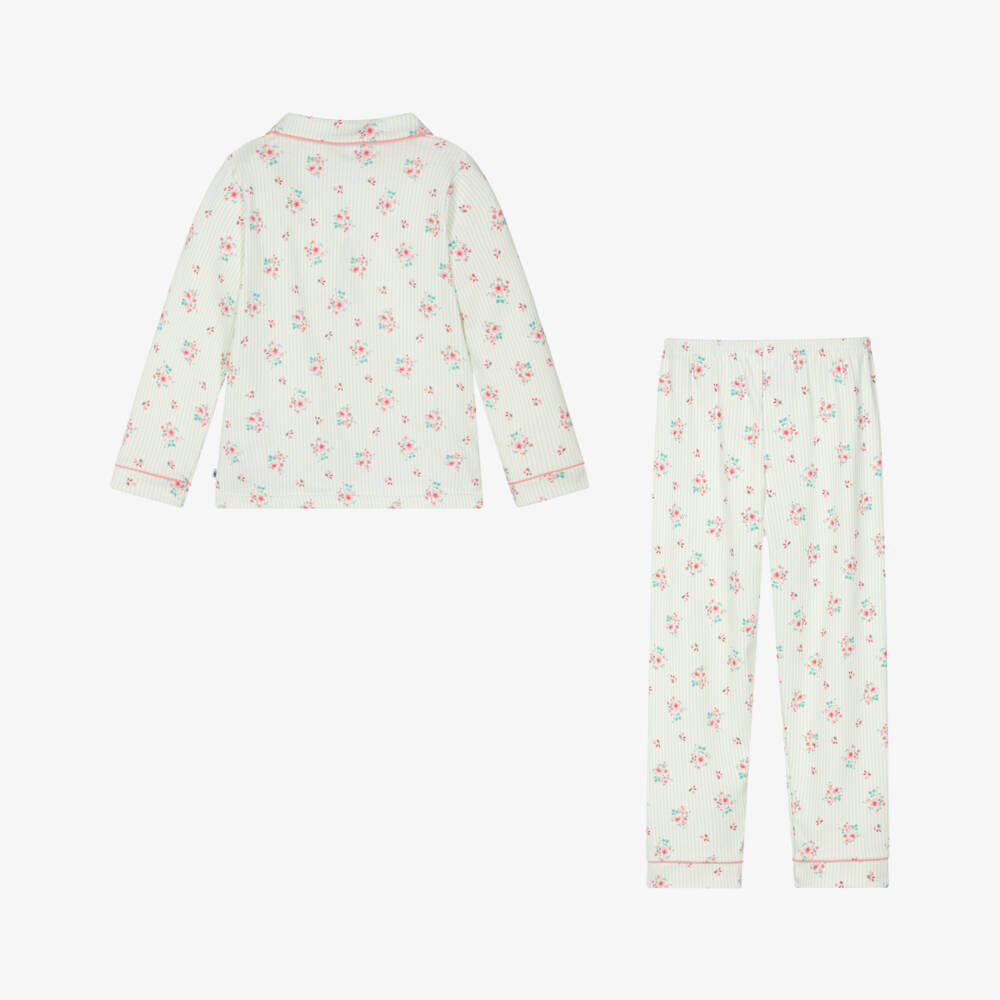 Petit Bateau-Girls Green Stripe & Floral Print Cotton Pyjamas | Childrensalon