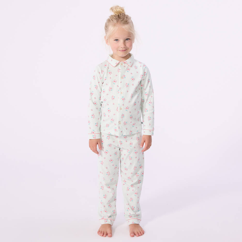Petit Bateau-Girls Green Stripe & Floral Print Cotton Pyjamas | Childrensalon