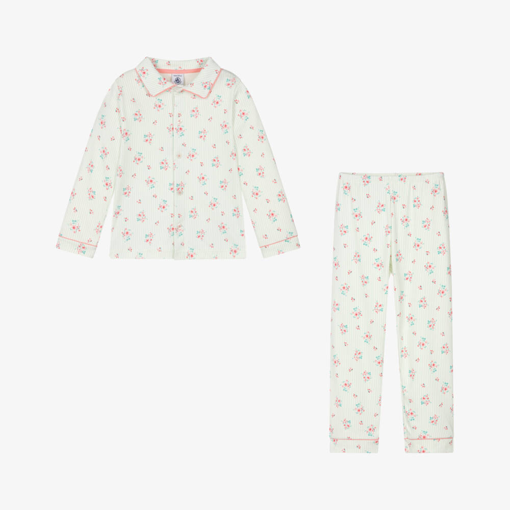 Petit Bateau-Girls Green Stripe & Floral Print Cotton Pyjamas | Childrensalon
