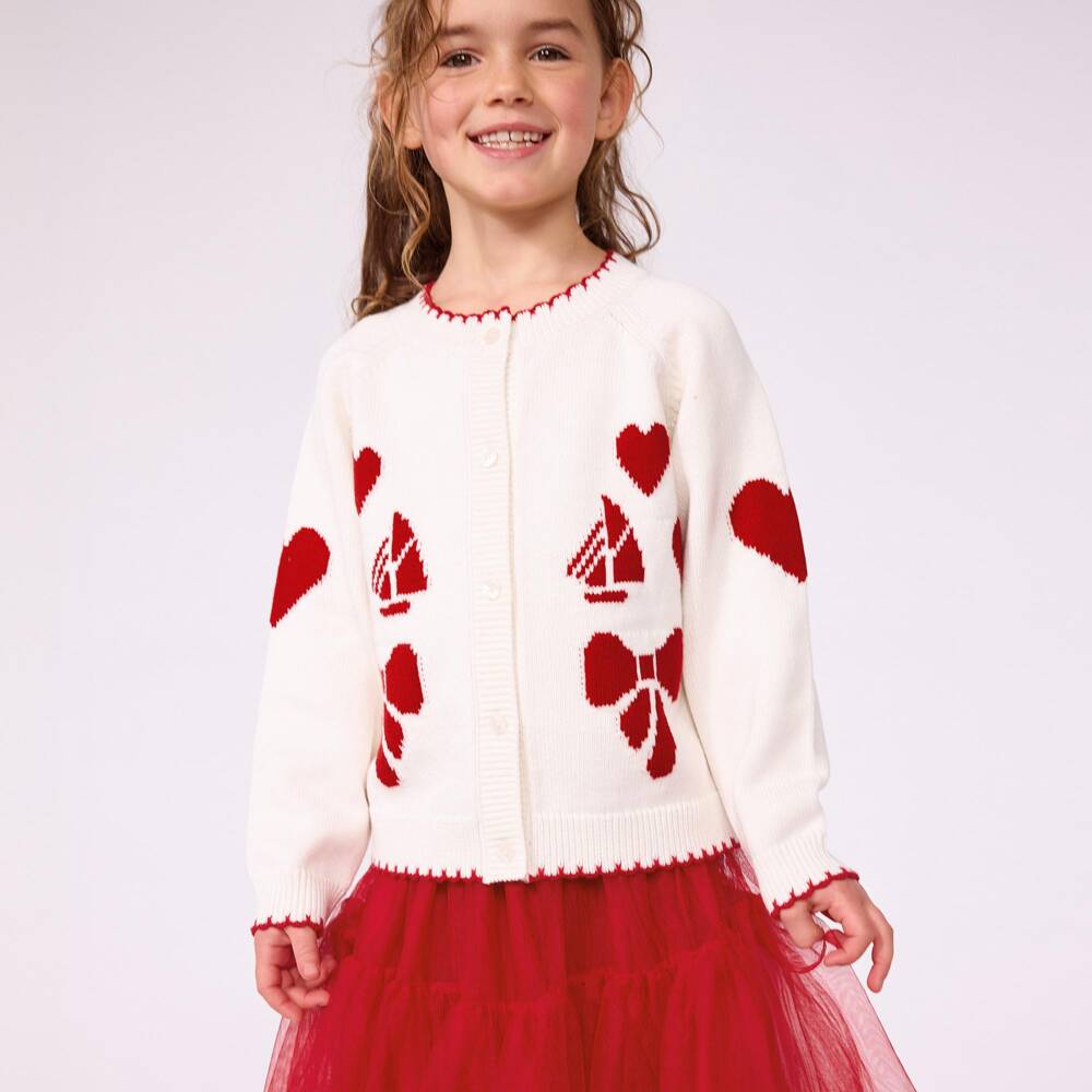 Petit Bateau-Girls Ivory Cardigan with Red Bows & Hearts | Childrensalon