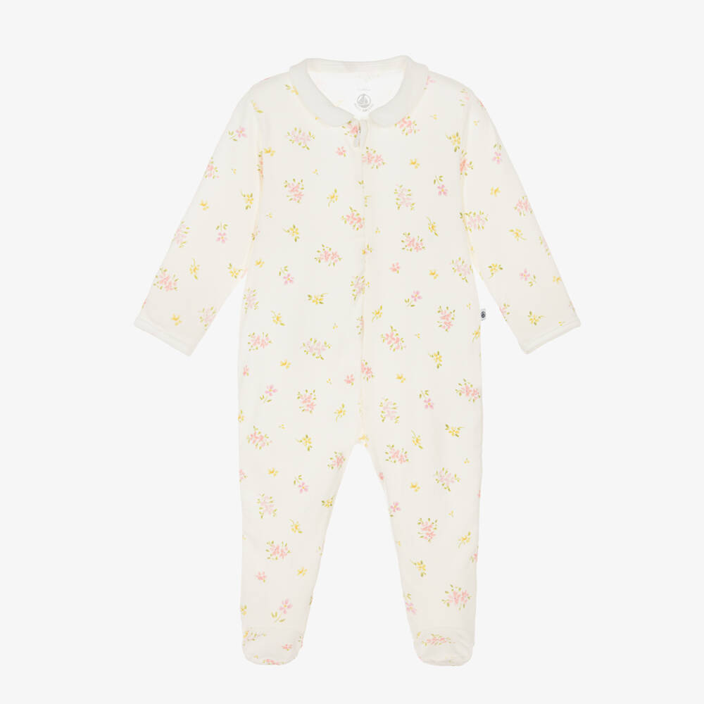 Petit Bateau-Girls Ivory Cotton Babygrow with Floral Print | Childrensalon