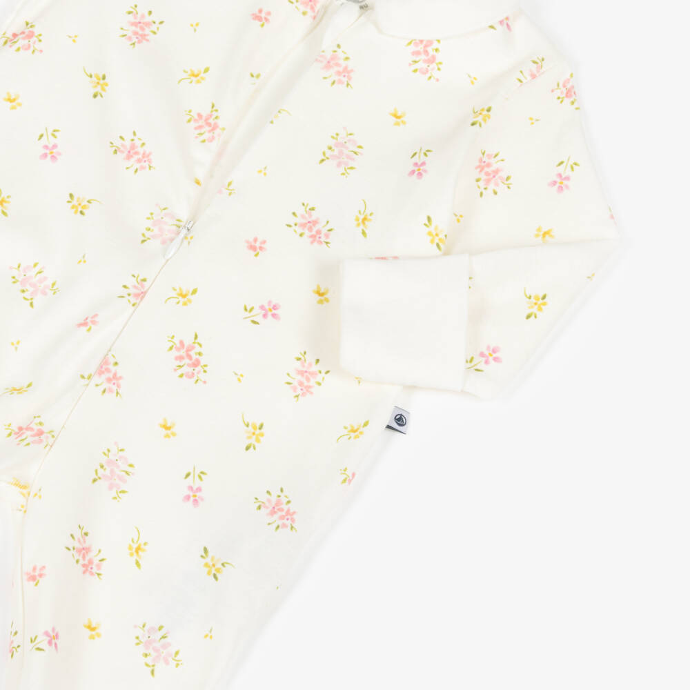 Petit Bateau-Girls Ivory Cotton Babygrow with Floral Print | Childrensalon