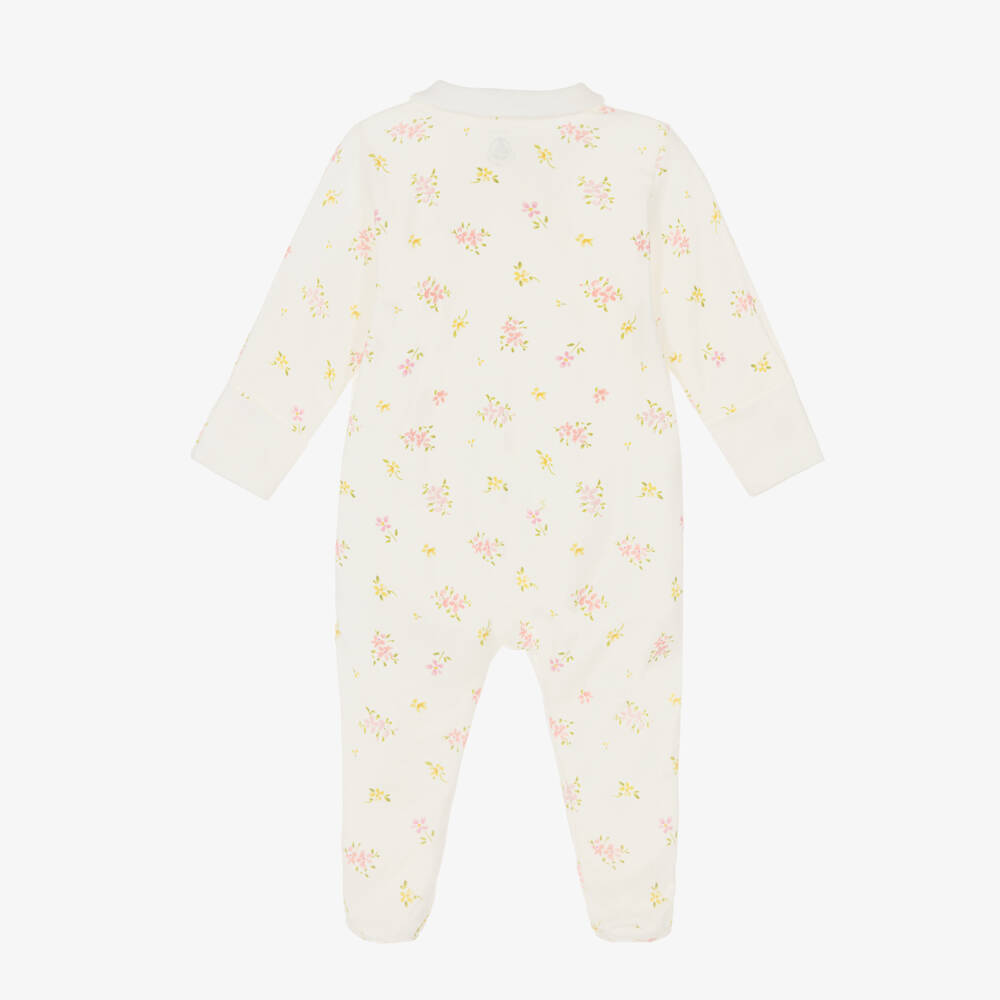 Petit Bateau-Girls Ivory Cotton Babygrow with Floral Print | Childrensalon