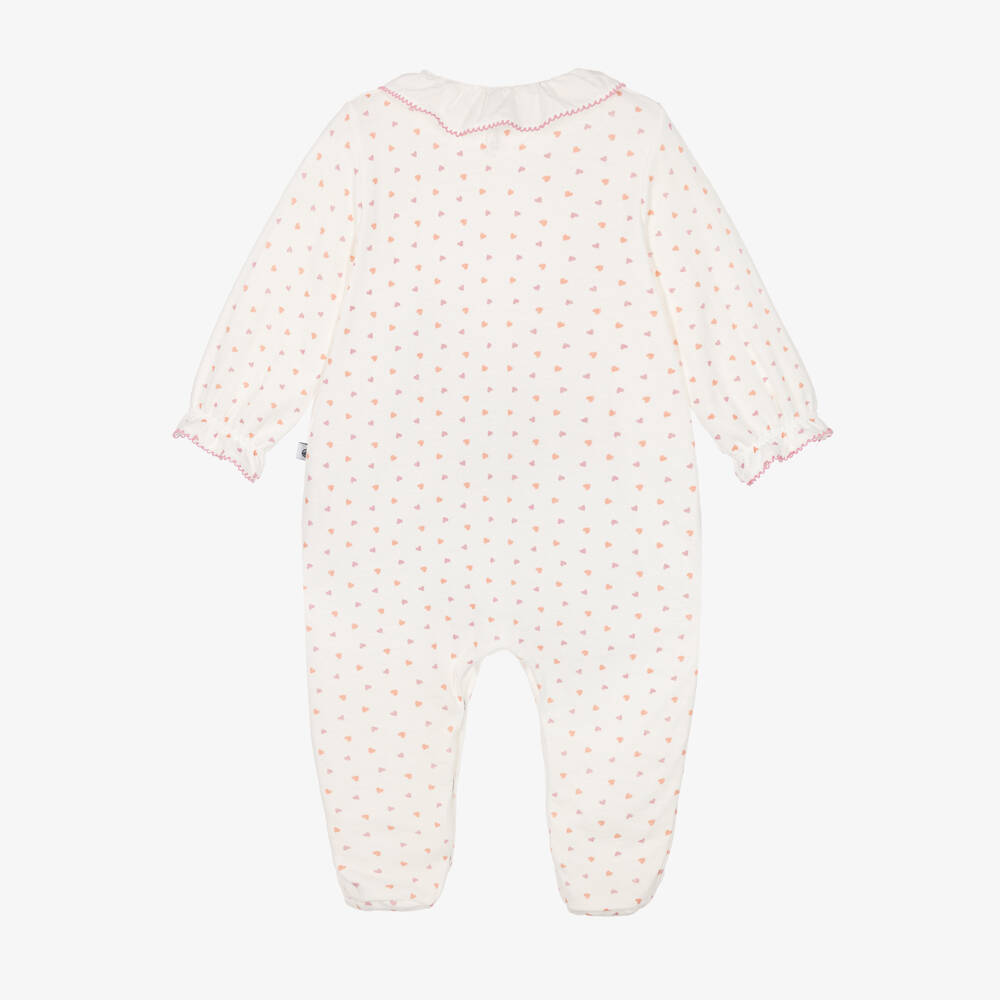 Petit Bateau-Girls Ivory Cotton Babygrow with Heart Print | Childrensalon