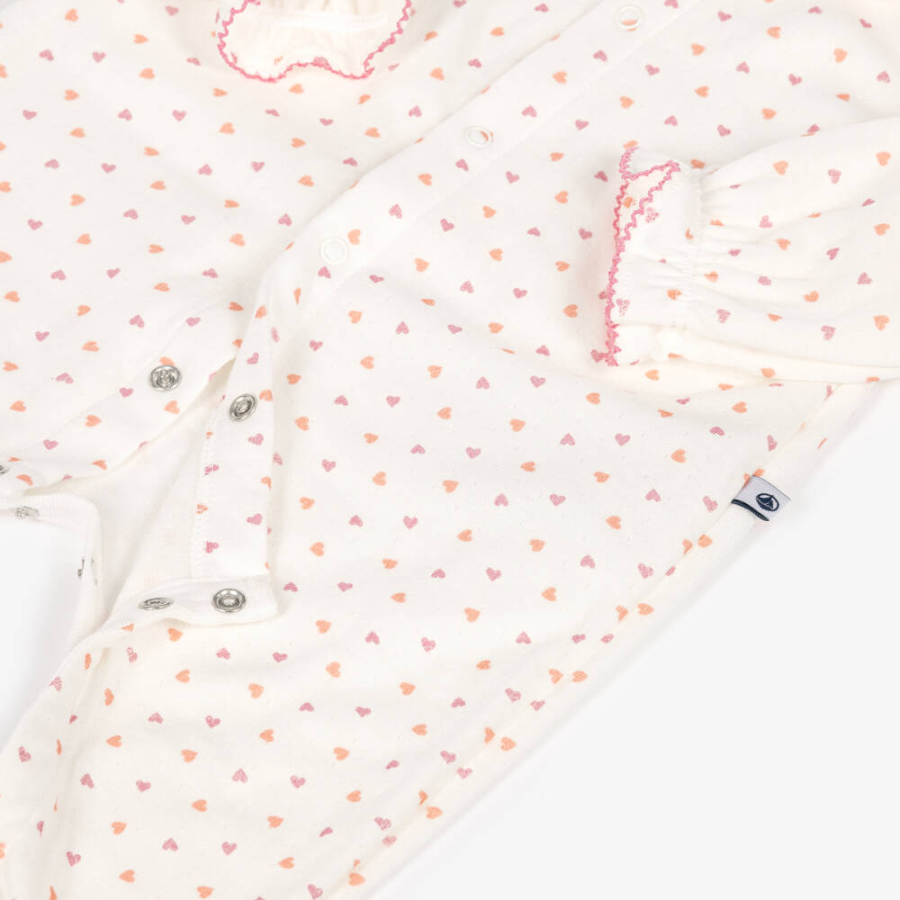 Petit Bateau-Girls Ivory Cotton Babygrow with Heart Print | Childrensalon