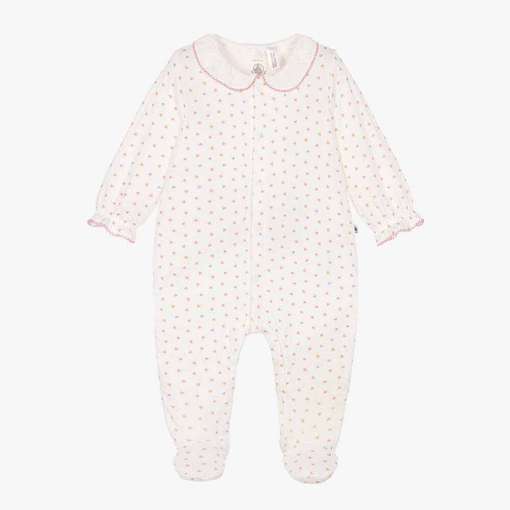 Petit Bateau-Girls Ivory Cotton Babygrow with Heart Print | Childrensalon