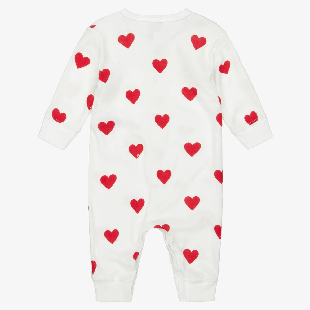 Petit Bateau-Girls Ivory Cotton Babysuit with Red Hearts | Childrensalon