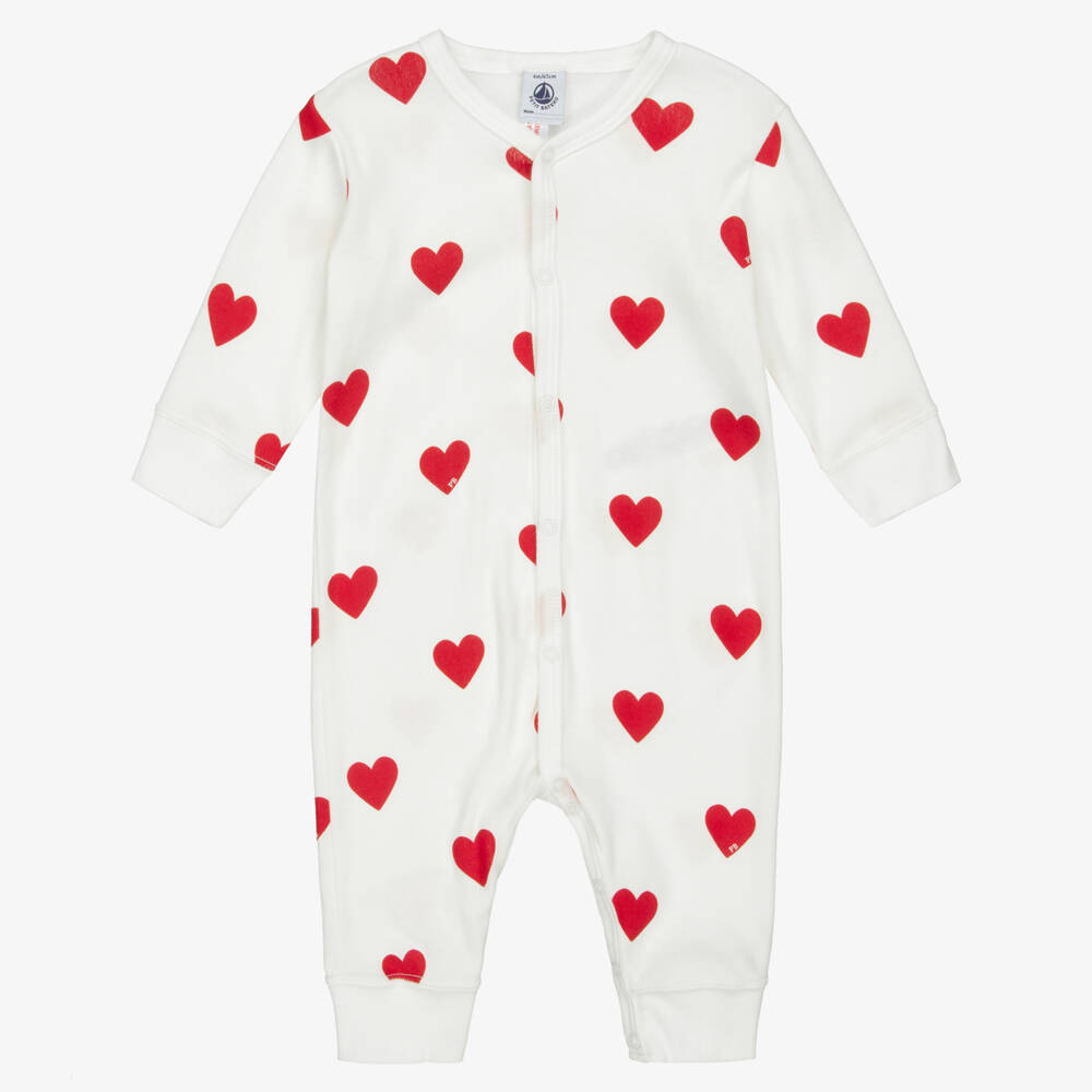 Petit Bateau-Girls Ivory Cotton Babysuit with Red Hearts  | Childrensalon