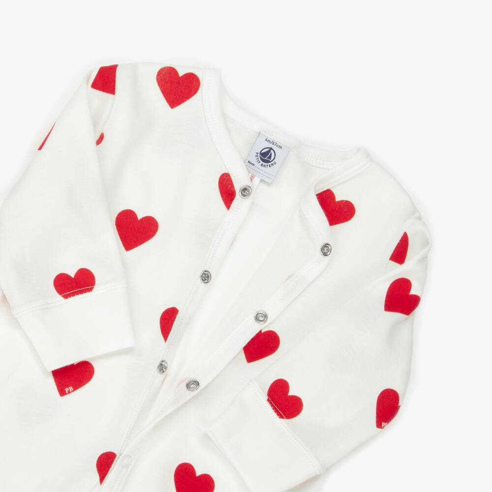 Petit Bateau-Girls Ivory Cotton Babysuit with Red Hearts | Childrensalon