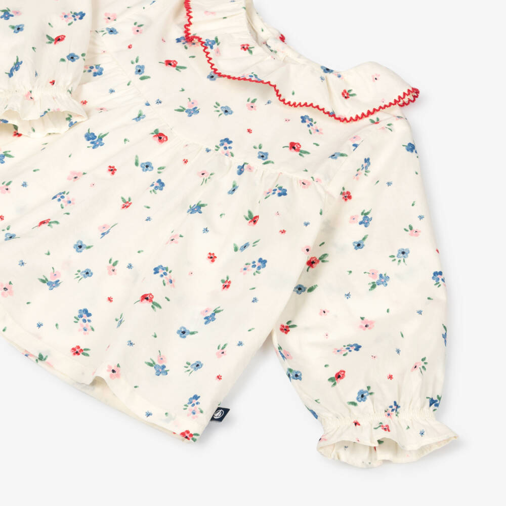 Petit Bateau-Girls Ivory Cotton Blouse with Ditsy Floral Print | Childrensalon