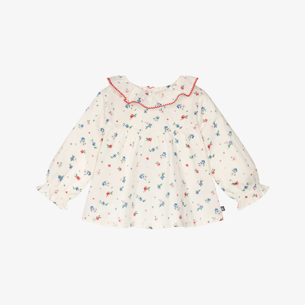 Petit Bateau-Girls Ivory Cotton Blouse with Ditsy Floral Print | Childrensalon