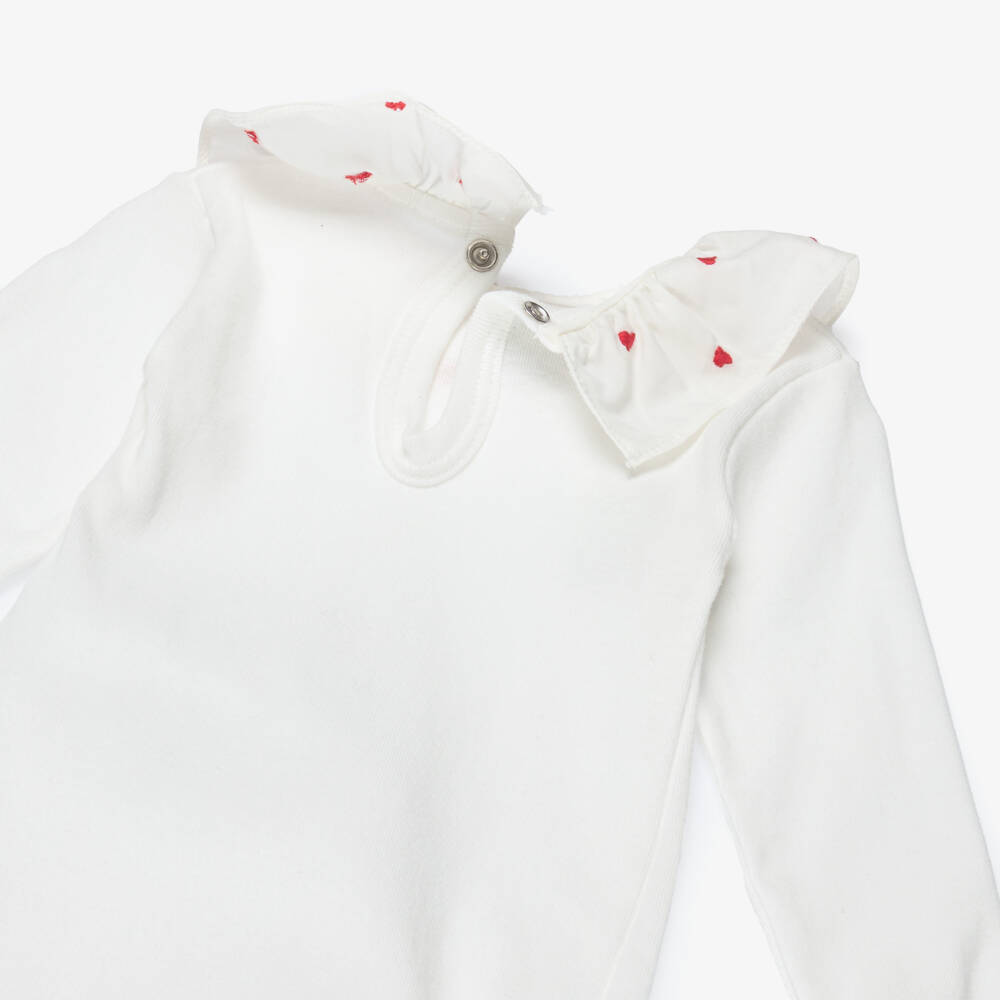 Petit Bateau-Girls Ivory Cotton Bodysuit with Embroidered Red Hearts Collar | Childrensalon