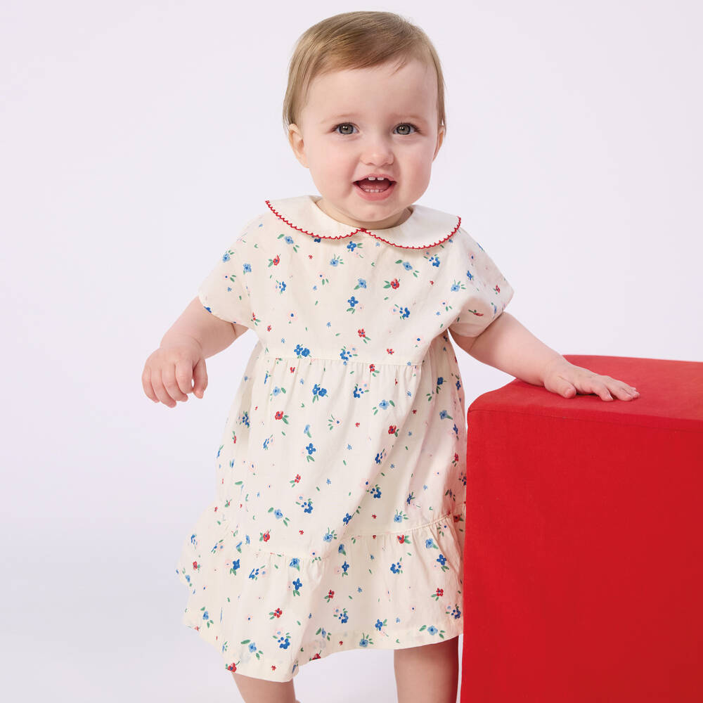 Petit Bateau-Girls Ivory Cotton Dress with Ditsy Floral Print | Childrensalon