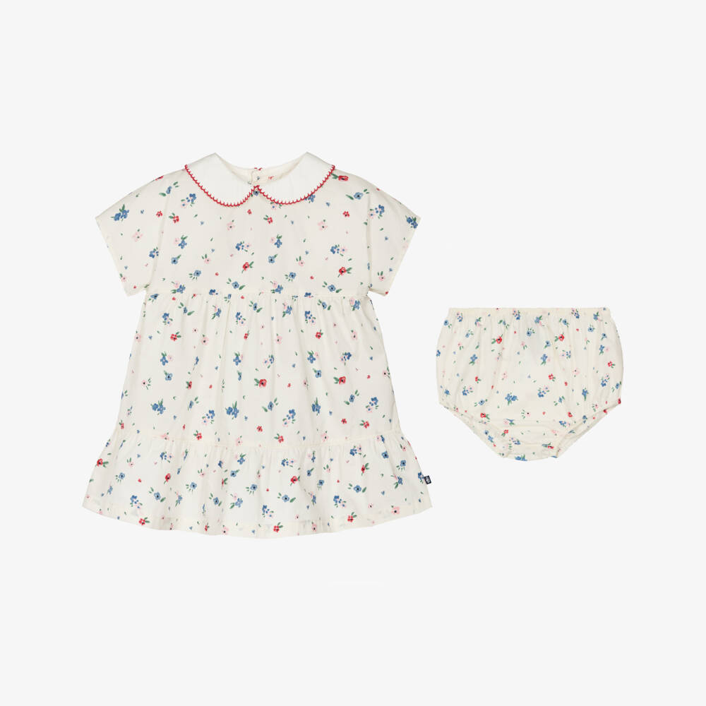 Petit Bateau-Girls Ivory Cotton Dress with Ditsy Floral Print | Childrensalon