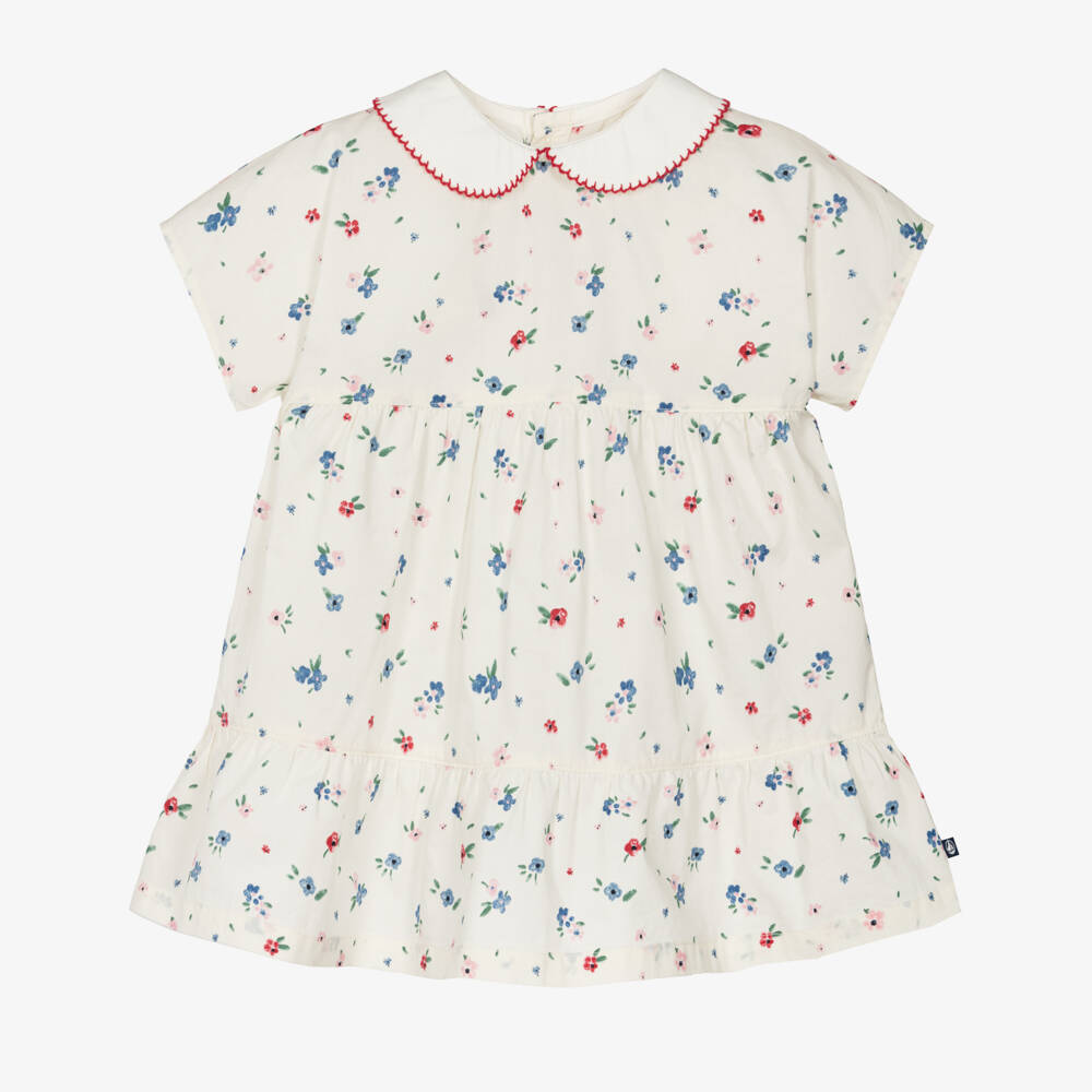 Petit Bateau-Girls Ivory Cotton Dress with Ditsy Floral Print | Childrensalon