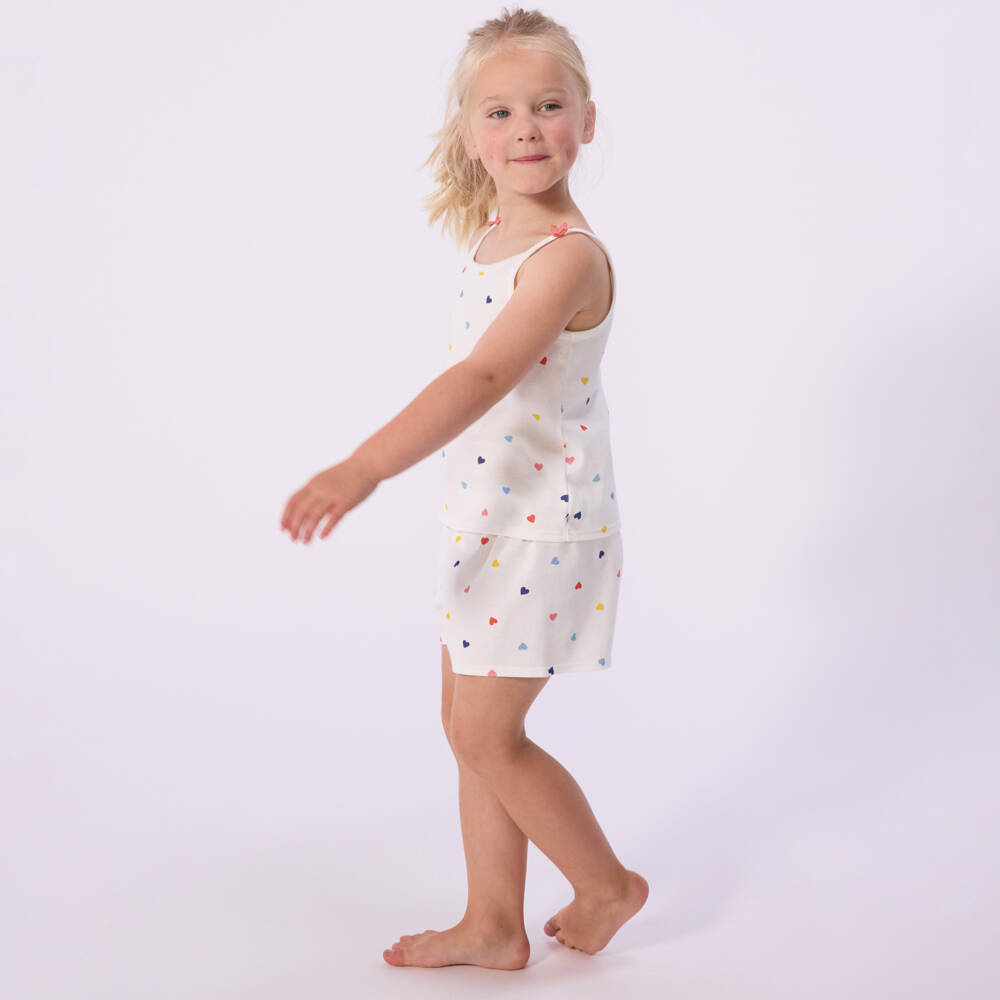 Petit Bateau-Girls Ivory Cotton Heart Print Short Pyjamas | Childrensalon