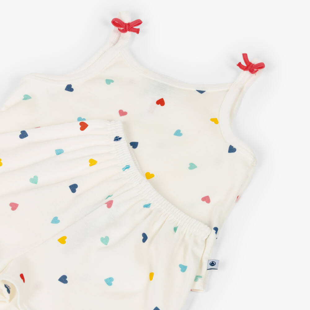 Petit Bateau-Girls Ivory Cotton Heart Print Short Pyjamas | Childrensalon
