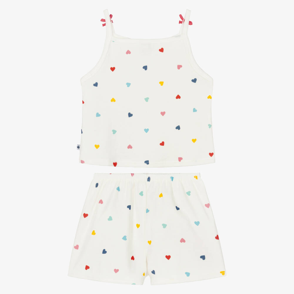 Petit Bateau-Girls Ivory Cotton Heart Print Short Pyjamas | Childrensalon