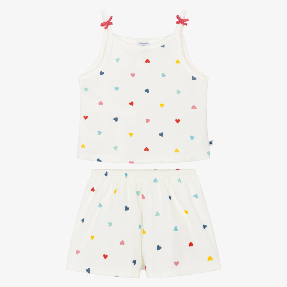 Petit Bateau-Girls Ivory Cotton Heart Print Short Pyjamas | Childrensalon