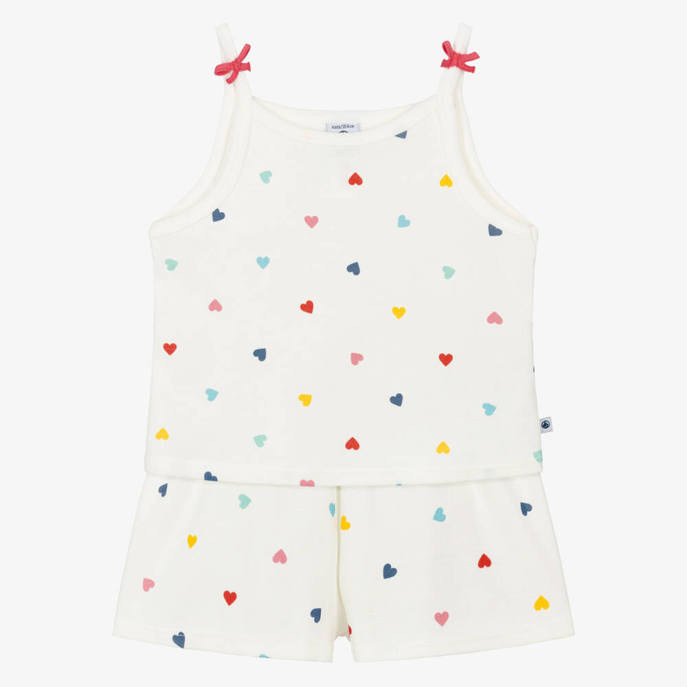 Petit Bateau-Girls Ivory Cotton Heart Print Short Pyjamas | Childrensalon
