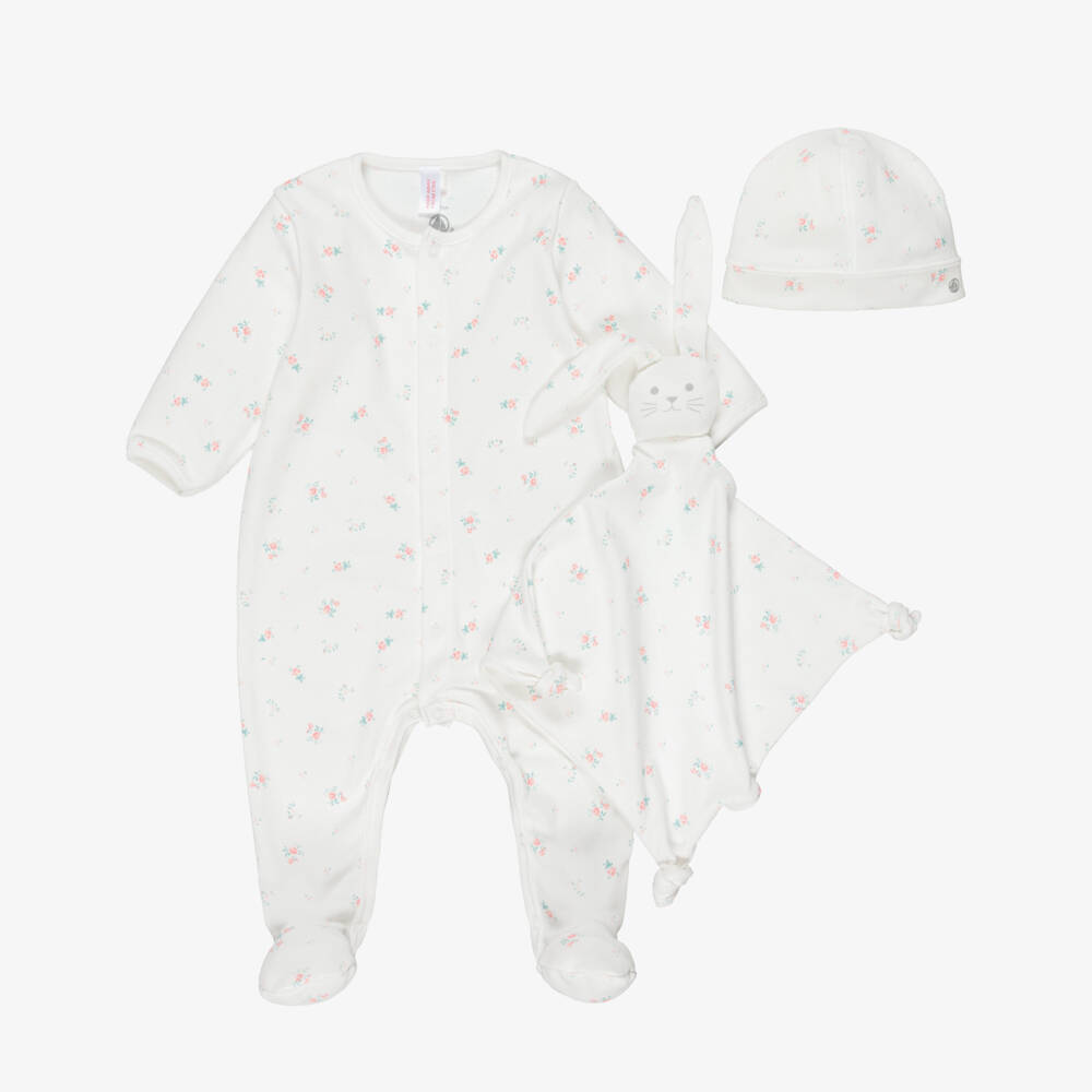 Petit Bateau-Girls Ivory Cotton Jersey Babygrow Set with Pink Floral Print | Childrensalon