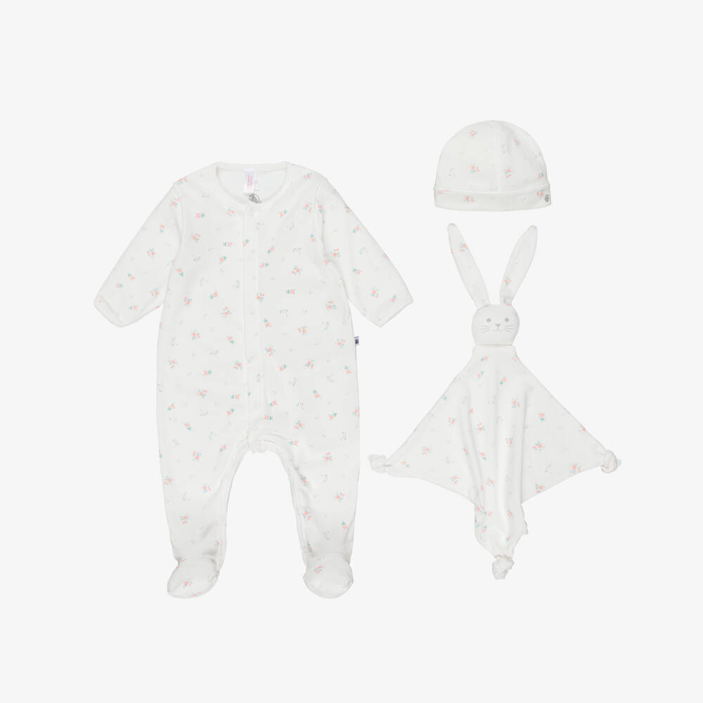 Petit Bateau-Girls Ivory Cotton Jersey Babygrow Set with Pink Floral Print | Childrensalon