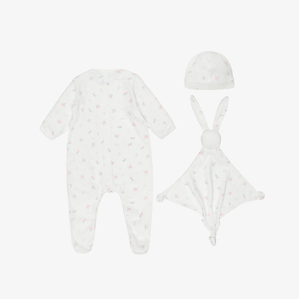 Petit Bateau-Girls Ivory Cotton Jersey Babygrow Set with Pink Floral Print | Childrensalon