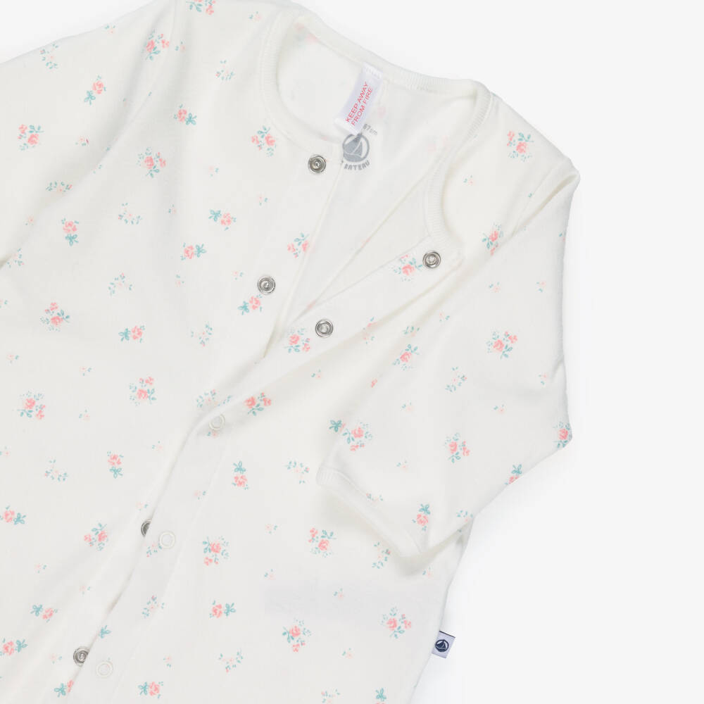 Petit Bateau-Girls Ivory Cotton Jersey Babygrow Set with Pink Floral Print | Childrensalon