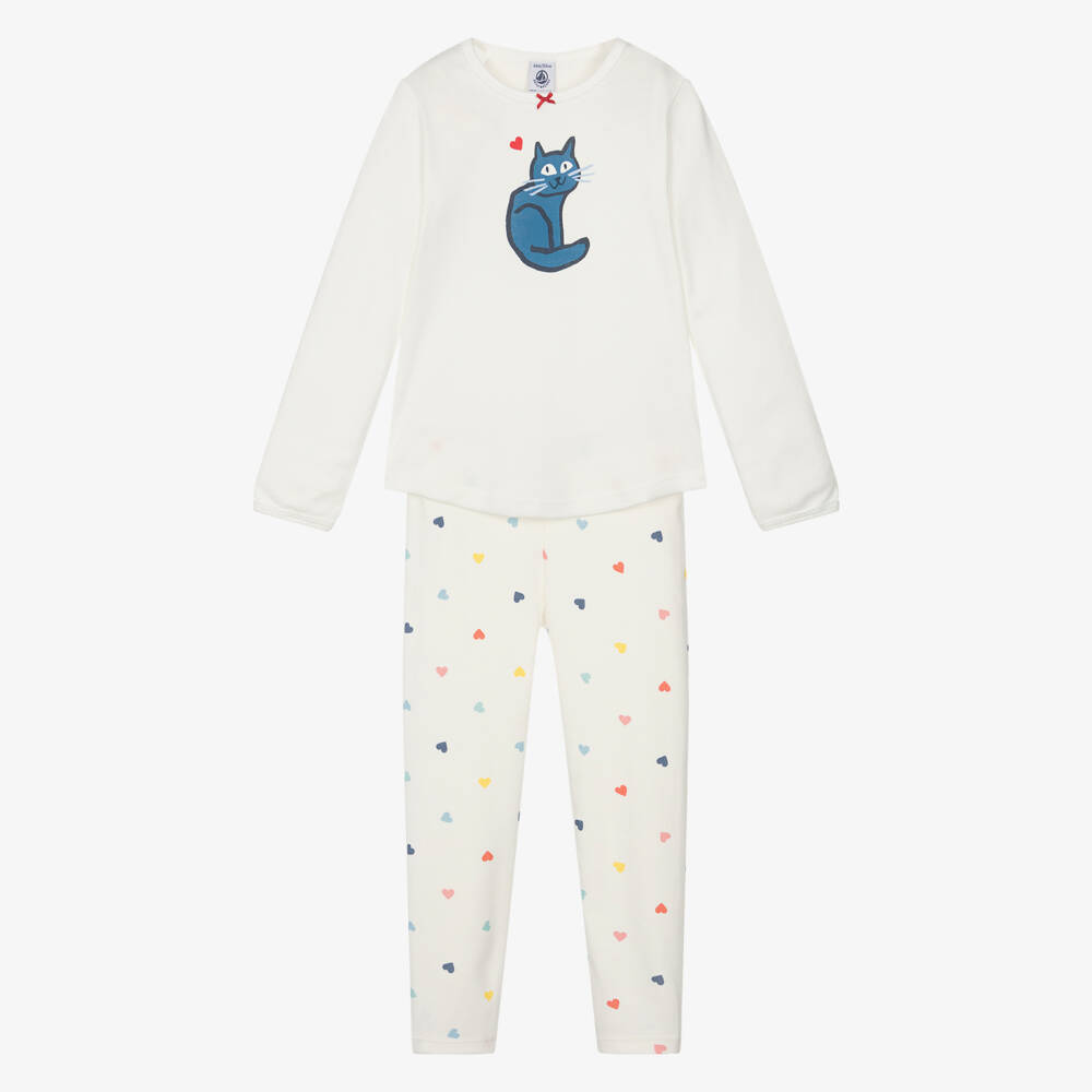 Petit Bateau-Girls Ivory Cotton Jersey Cat & Heart Print Pyjamas | Childrensalon