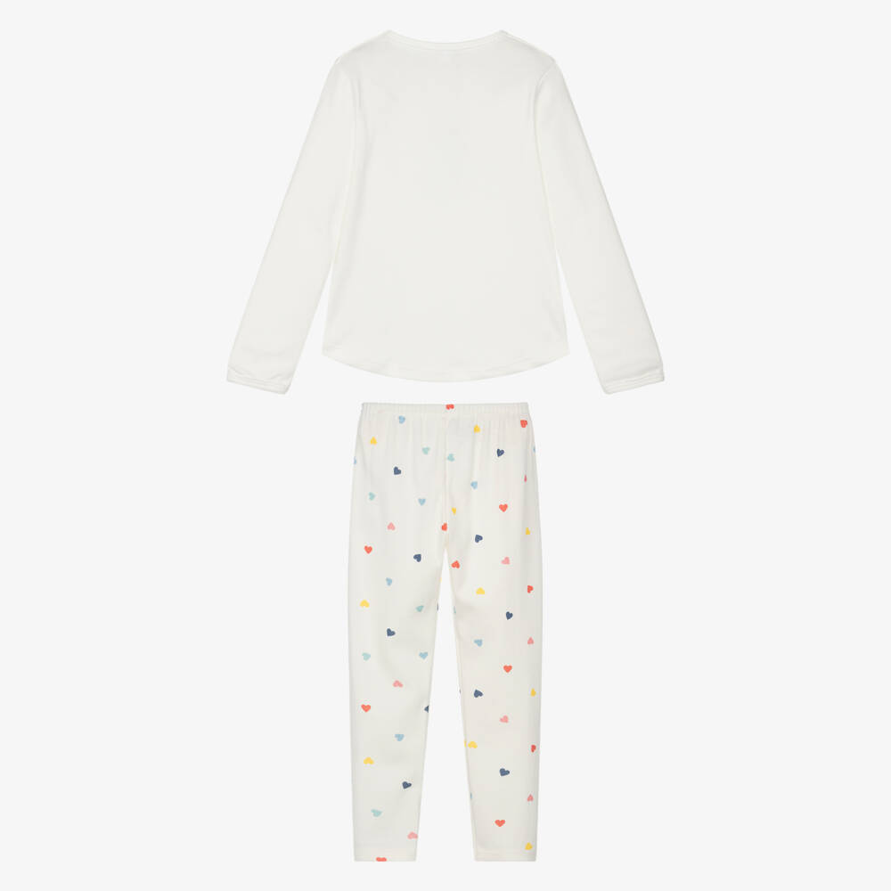 Petit Bateau-Girls Ivory Cotton Jersey Cat & Heart Print Pyjamas | Childrensalon