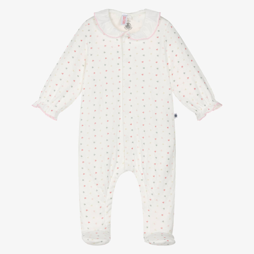 Petit Bateau-Girls Ivory Cotton Jersey Heart Print Babygrow  | Childrensalon