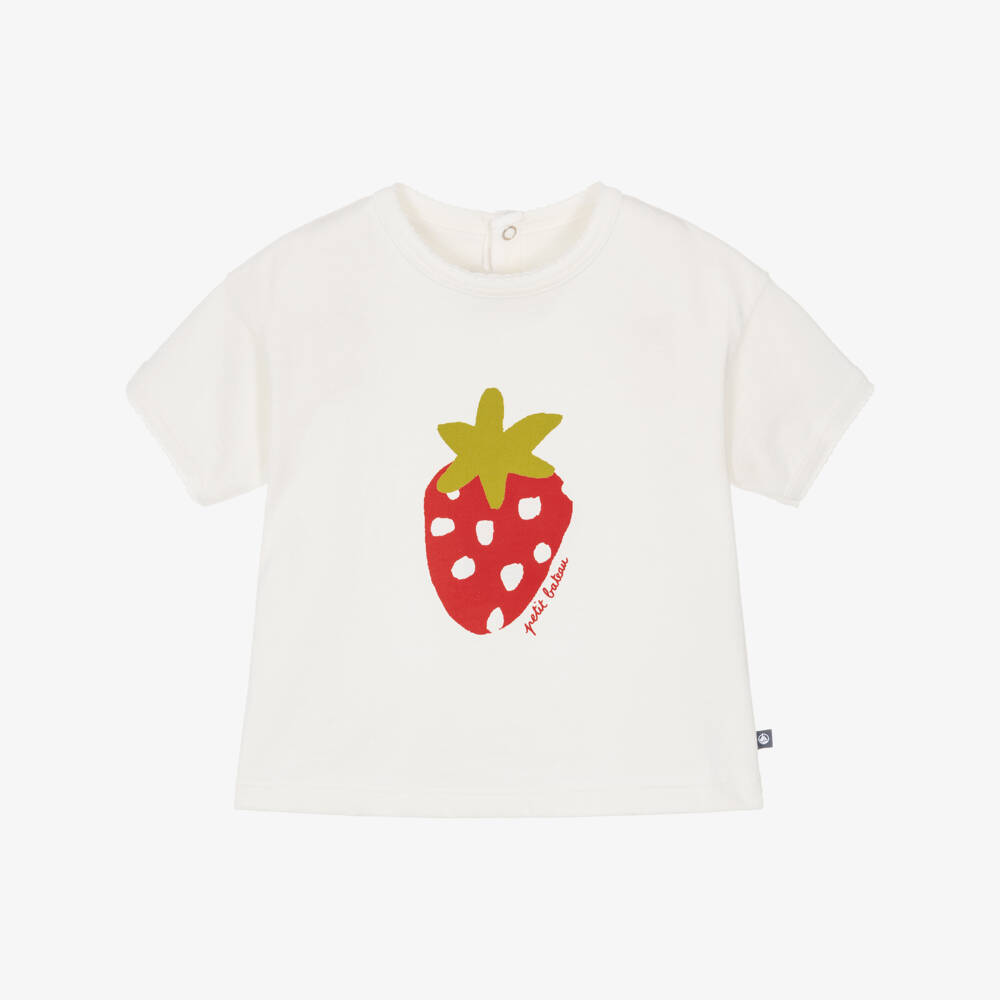 Petit Bateau-Girls Ivory Cotton Jersey T-Shirt with Strawberry Print | Childrensalon