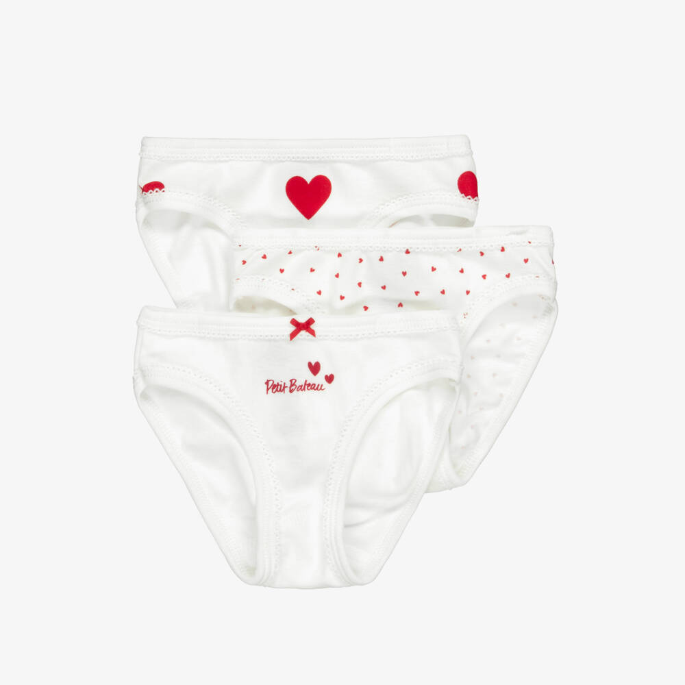 Petit Bateau-Girls Ivory Cotton Knickers with Red Hearts (3 Pack) | Childrensalon