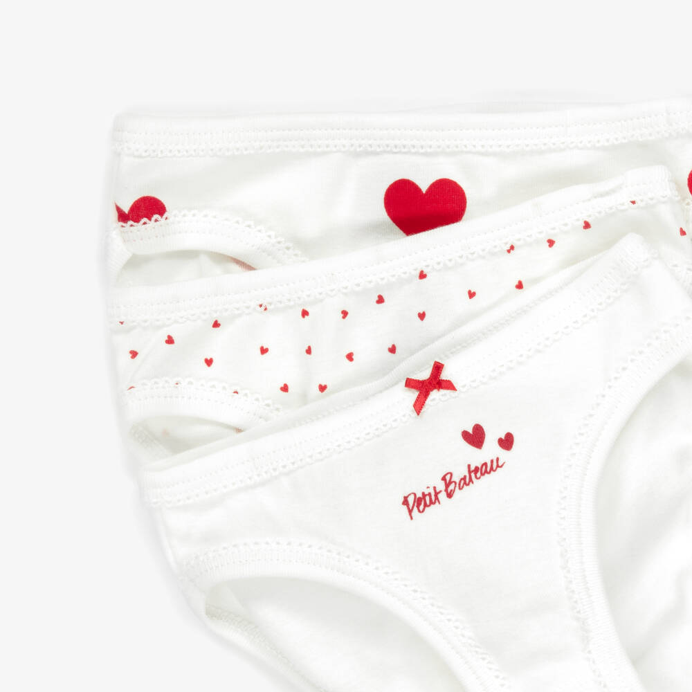 Petit Bateau-Girls Ivory Cotton Knickers with Red Hearts (3 Pack) | Childrensalon