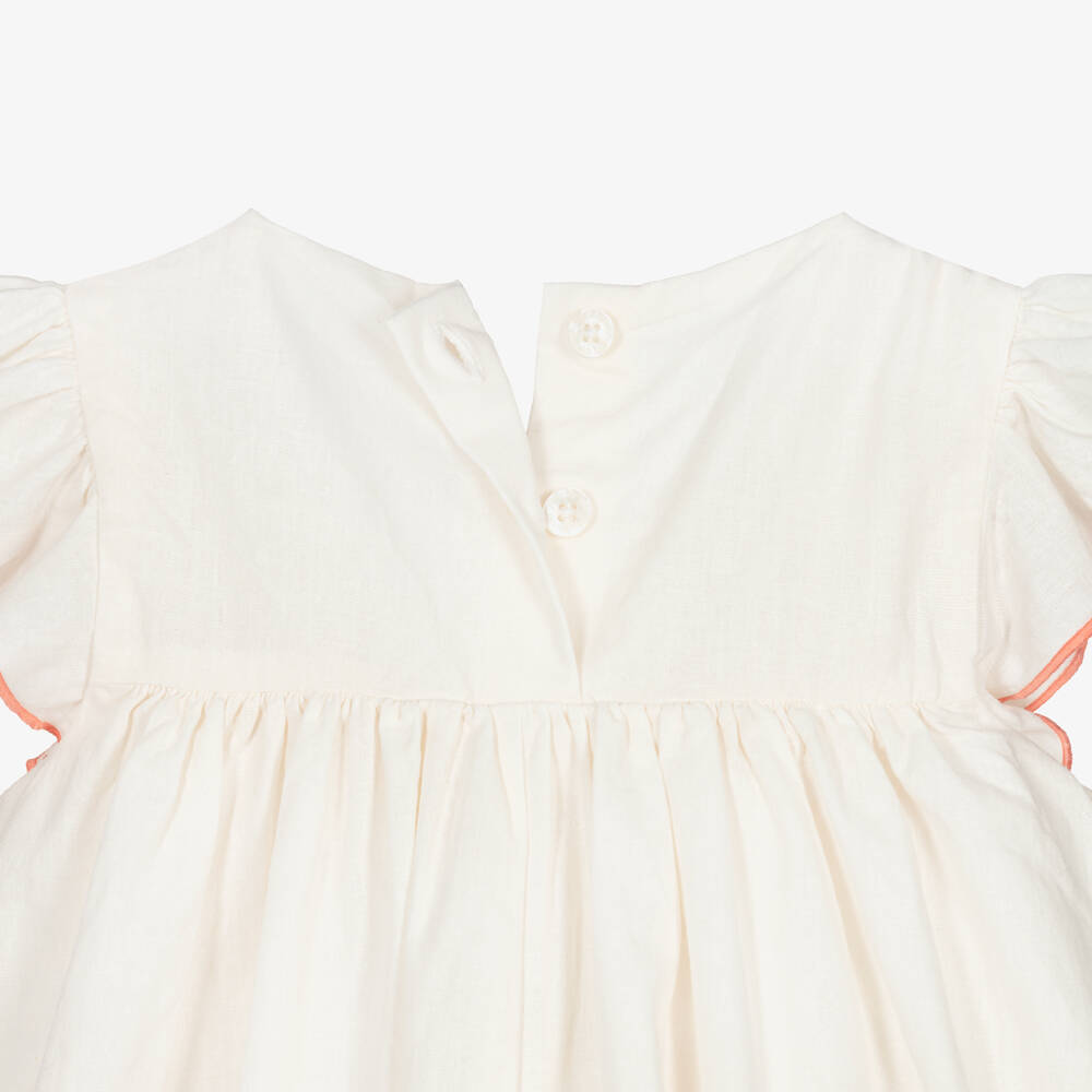Petit Bateau-Girls Ivory Cotton & Linen Dress with Smocking | Childrensalon