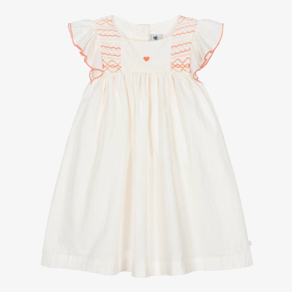 Petit Bateau-Girls Ivory Cotton & Linen Dress with Smocking | Childrensalon