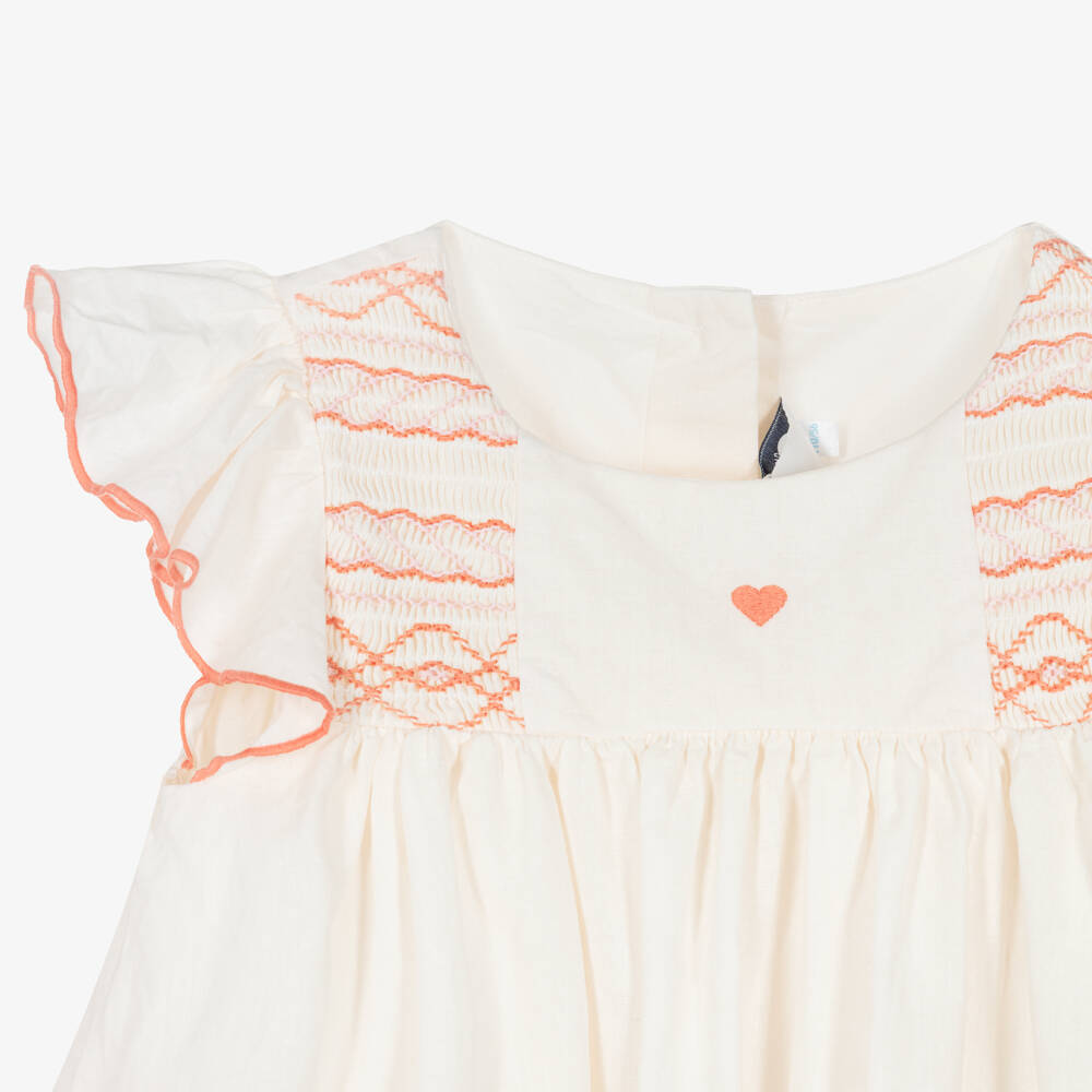 Petit Bateau-Girls Ivory Cotton & Linen Dress with Smocking | Childrensalon