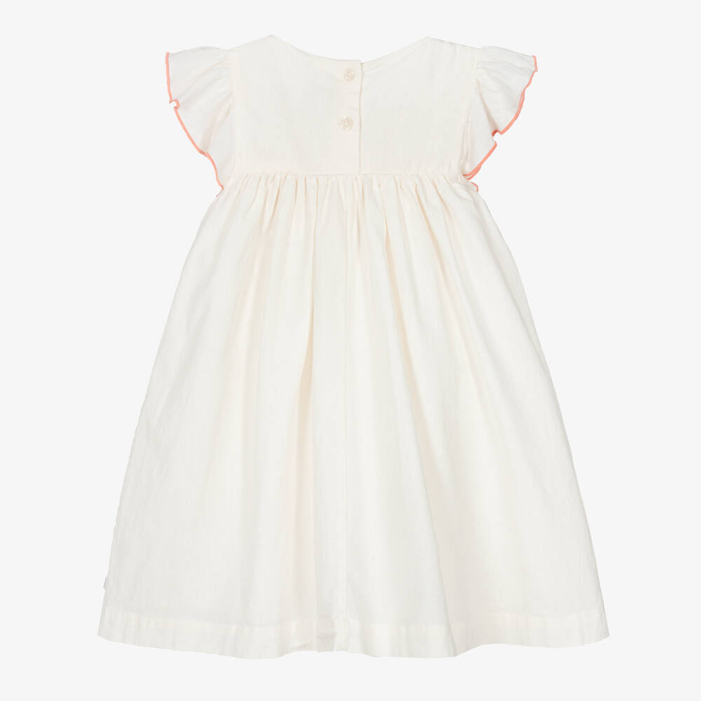 Petit Bateau-Girls Ivory Cotton & Linen Dress with Smocking | Childrensalon