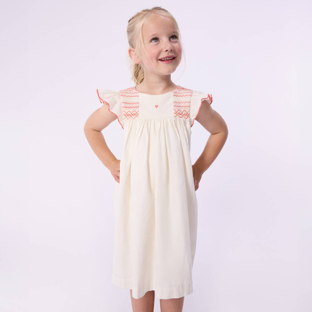 Petit Bateau-Girls Ivory Cotton & Linen Dress with Smocking | Childrensalon