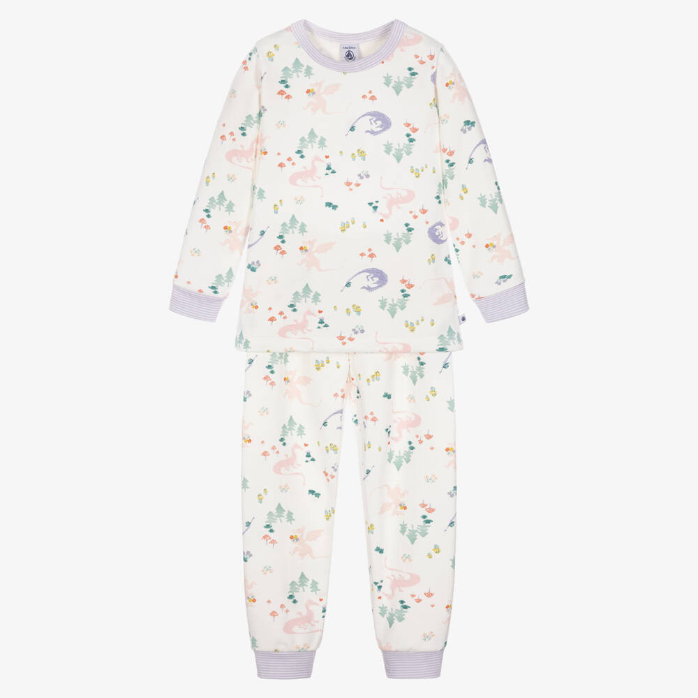 Petit Bateau-Girls Ivory Cotton Pyjamas with a Dragon Print | Childrensalon