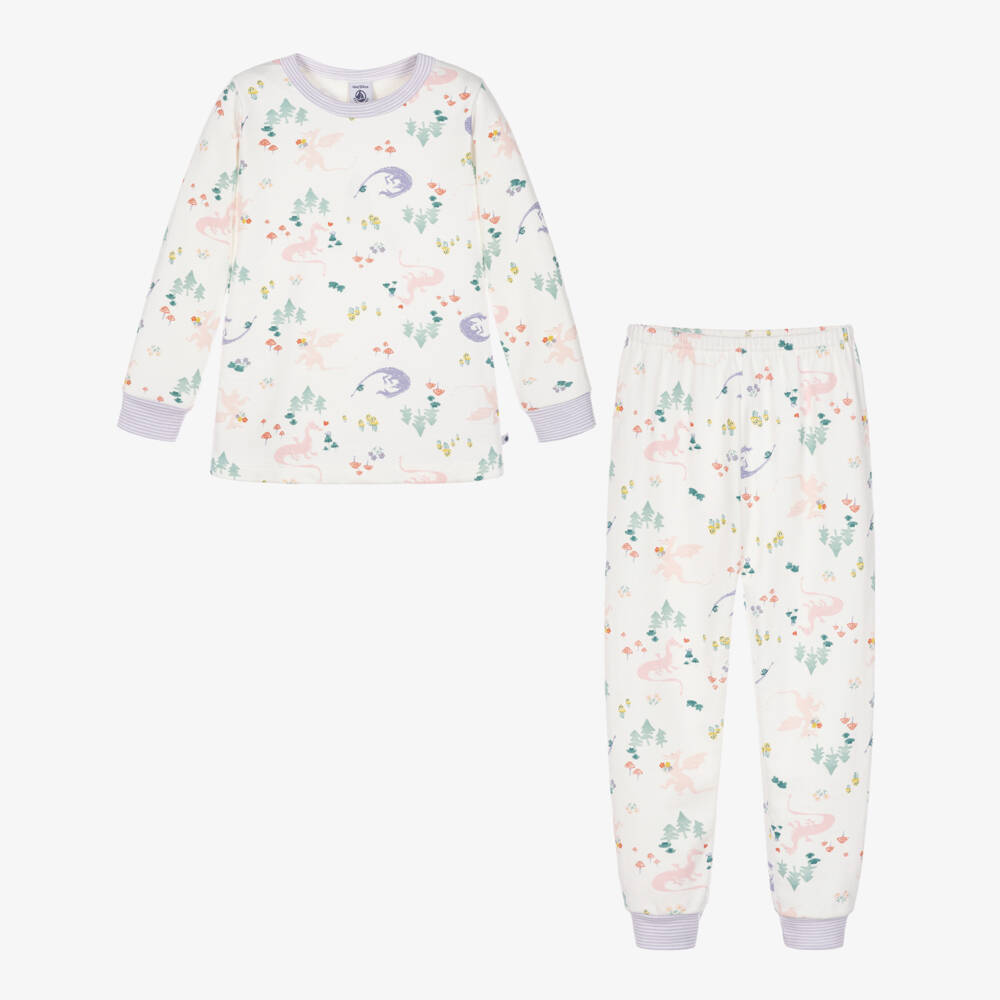 Petit Bateau-Girls Ivory Cotton Pyjamas with a Dragon Print | Childrensalon